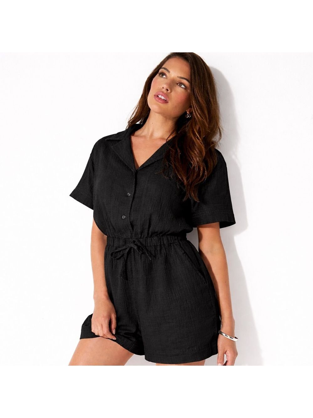 Fabletics Black Cotton Gauze Romper M Relaxed Fit Casual Summer NWT